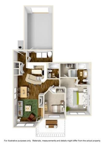 A floor plan of a house with a living room, kitchen, and two bedrooms.